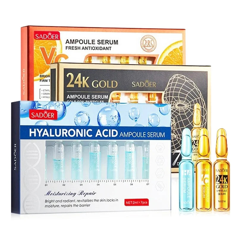 SADOER 7pcs Vitamin C & 24K Gold Hyaluronic Ampoules (Hyaluronic Acid Serum)